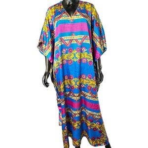 Premier Intimates Boho Caftan Dress Women One Size Blue Pink Paisley Floral Maxi
